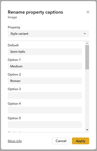 Style variant names for each option added in the Rename property captions panel