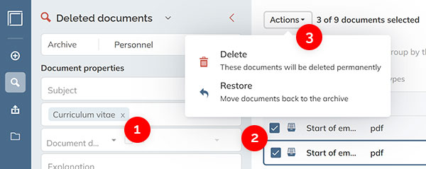 The steps for permanently deleting or restoring a document