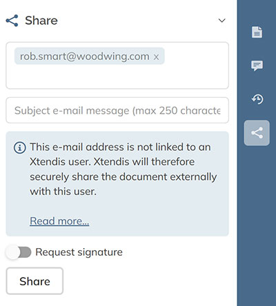 When sharing a document to an unknown e-mail address, a message appears
