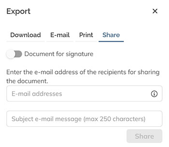 The Share tab in the Export panel