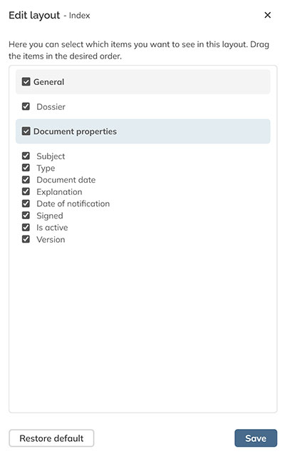 Via the Edit Layout panel you can control which properties are shown on the page