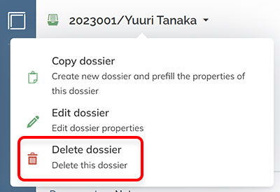 The Delete dossier option in the action menu of a dossier