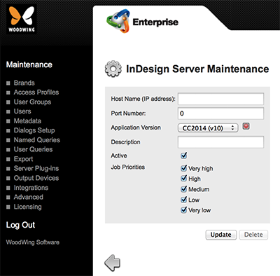 The InDesign Server Maintenance page.