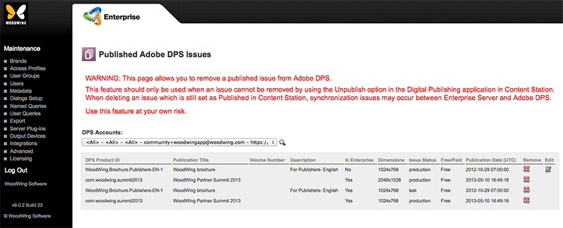 The Adobe DPS Issues Maintenance page