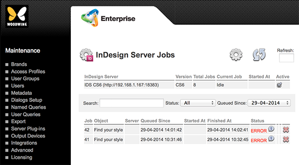 The InDesign Server Jobs Maintenance page