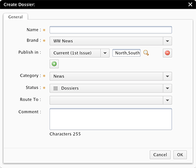 The Create Dossier dialog box showing default properties