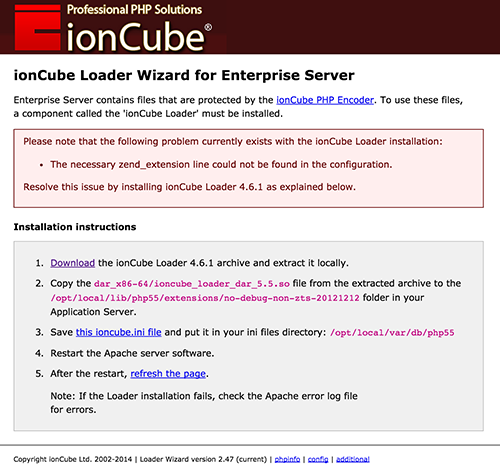 The ionCube Loader Wizard page