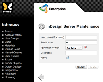 The InDesign Server Maintenance page.