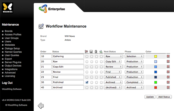 The Workflow Maintenance page set up for articles