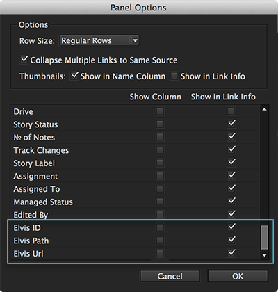 The Elvis options in the Links Panel Options dialog