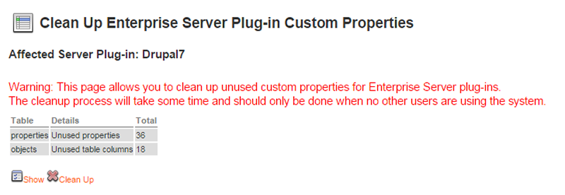 The Clean Up Enterprise Server Plug-in Custom Properties page