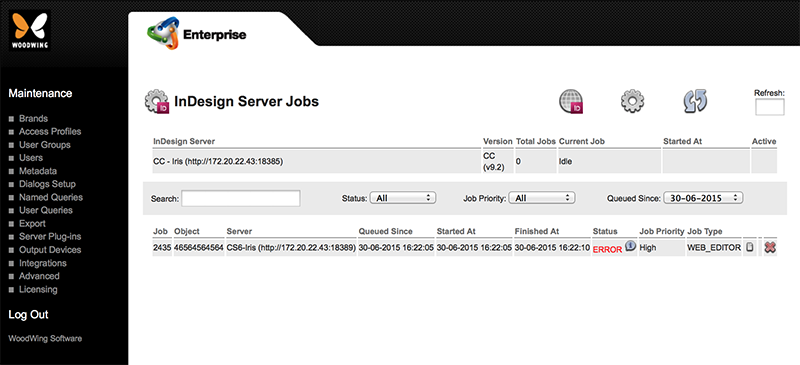 The InDesign Server Jobs Maintenance page