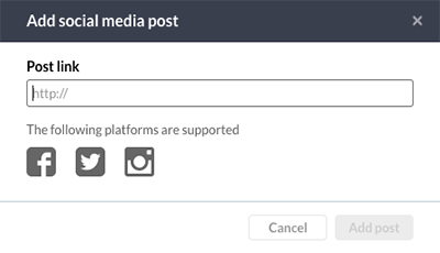 The Add social media component window