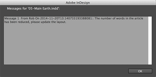 A message received in InDesign.
