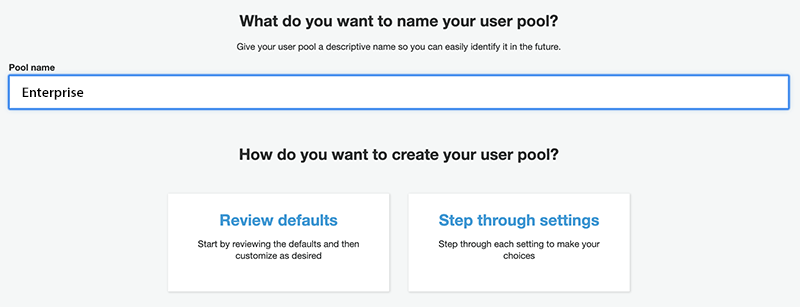 Entering a user pool name.