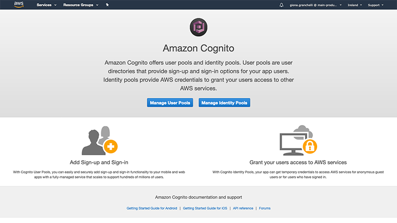 The Amazon Cognito page