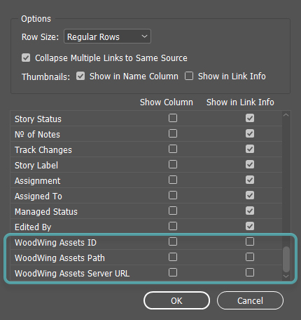 WoodWing Assets options in the Links panel dialog