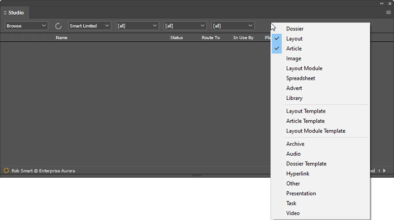 The context menu for filtering the Studio panel.