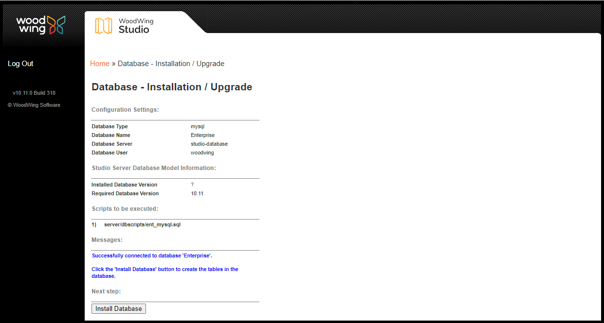The database installation / upgrade page