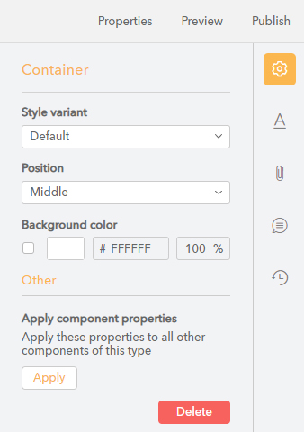 The Container component properties