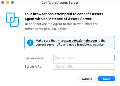 A dialog appears when Assets Agent attempts to connect to Assets Server.